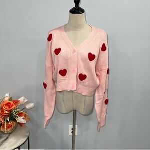 Jessica Simpson Pink & Red Hearts Cropped Button Down Cardigan XL - Reemoly